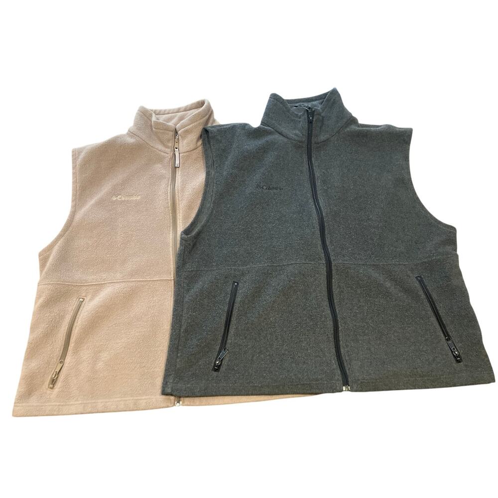 Columbia‎ XL Men's Fleece Vest Zip Up Gray Tan Outdoor Pockets Hiking Fall
